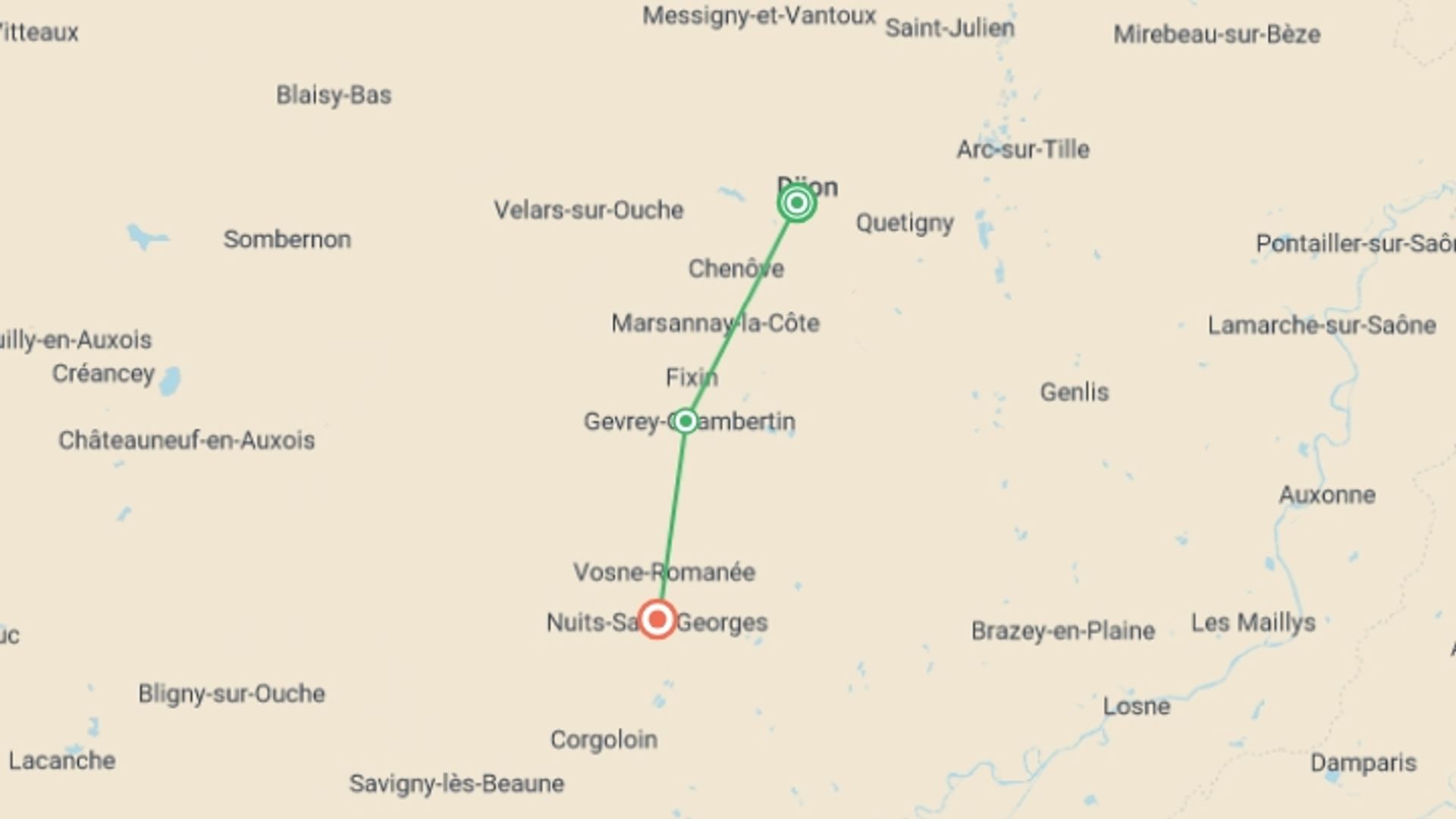 A map showing the tour itinerary for the trip: Walking in Burgundy's Vineyards, starting in Dijon, France and ending in Nuit St Georges, France going through 2 other destinations.