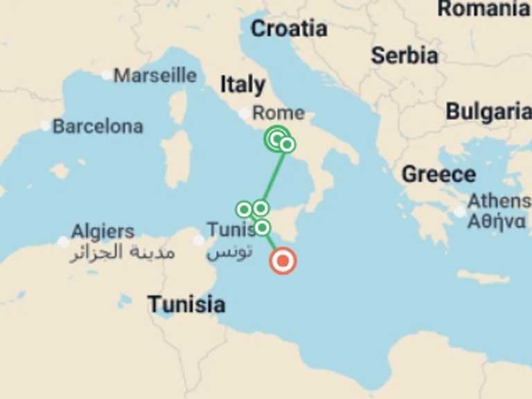 Map of Mediterranean Tour with 6 destination visits for the trip: The Best Spots in Sicily and Southern Italy (port-to-port cruise)