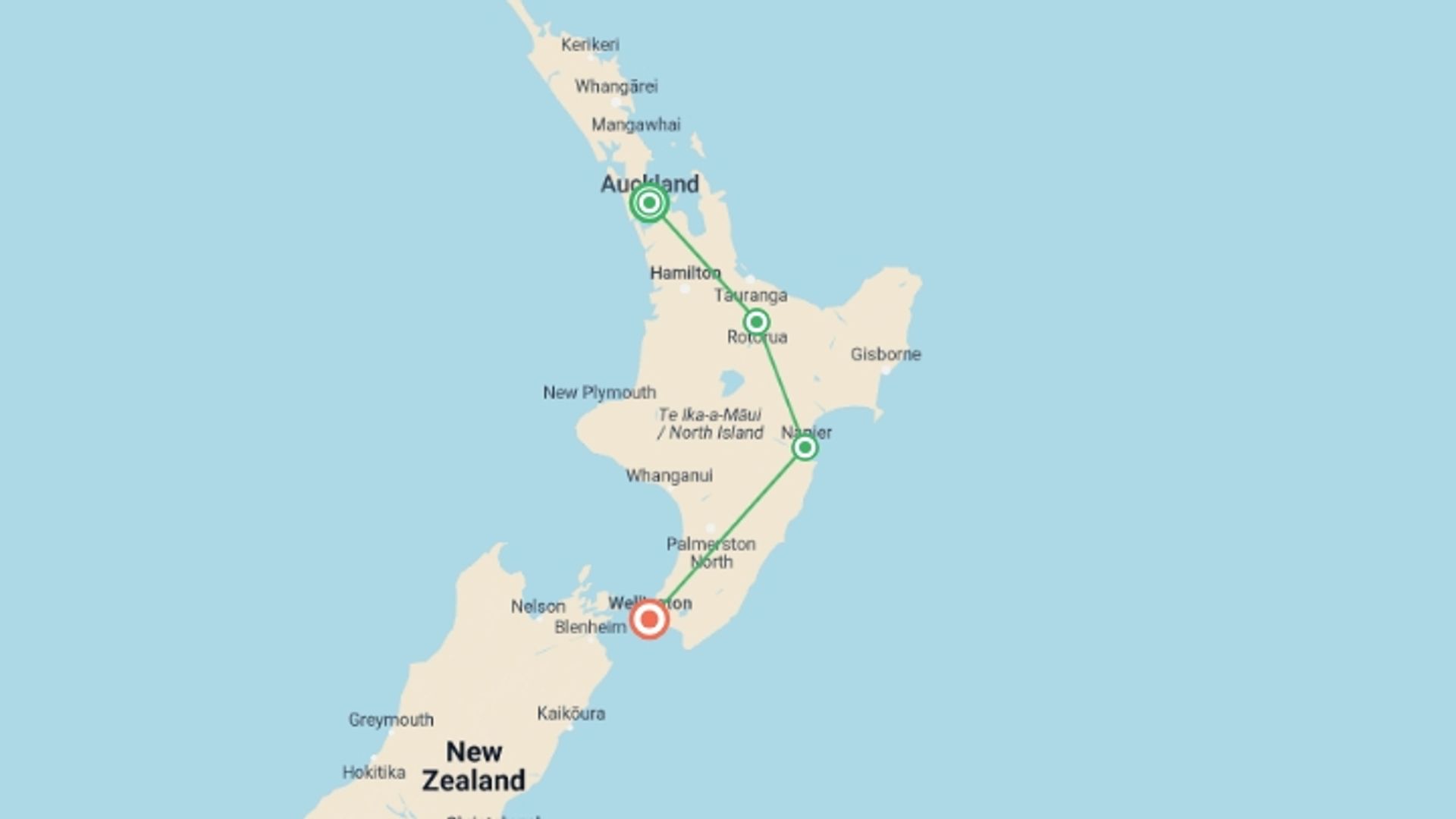 A map showing the tour itinerary for the trip: Auckland to Wellington Self Drive, starting in Auckland, New Zealand and ending in Wellington, New Zealand going through 3 other destinations.