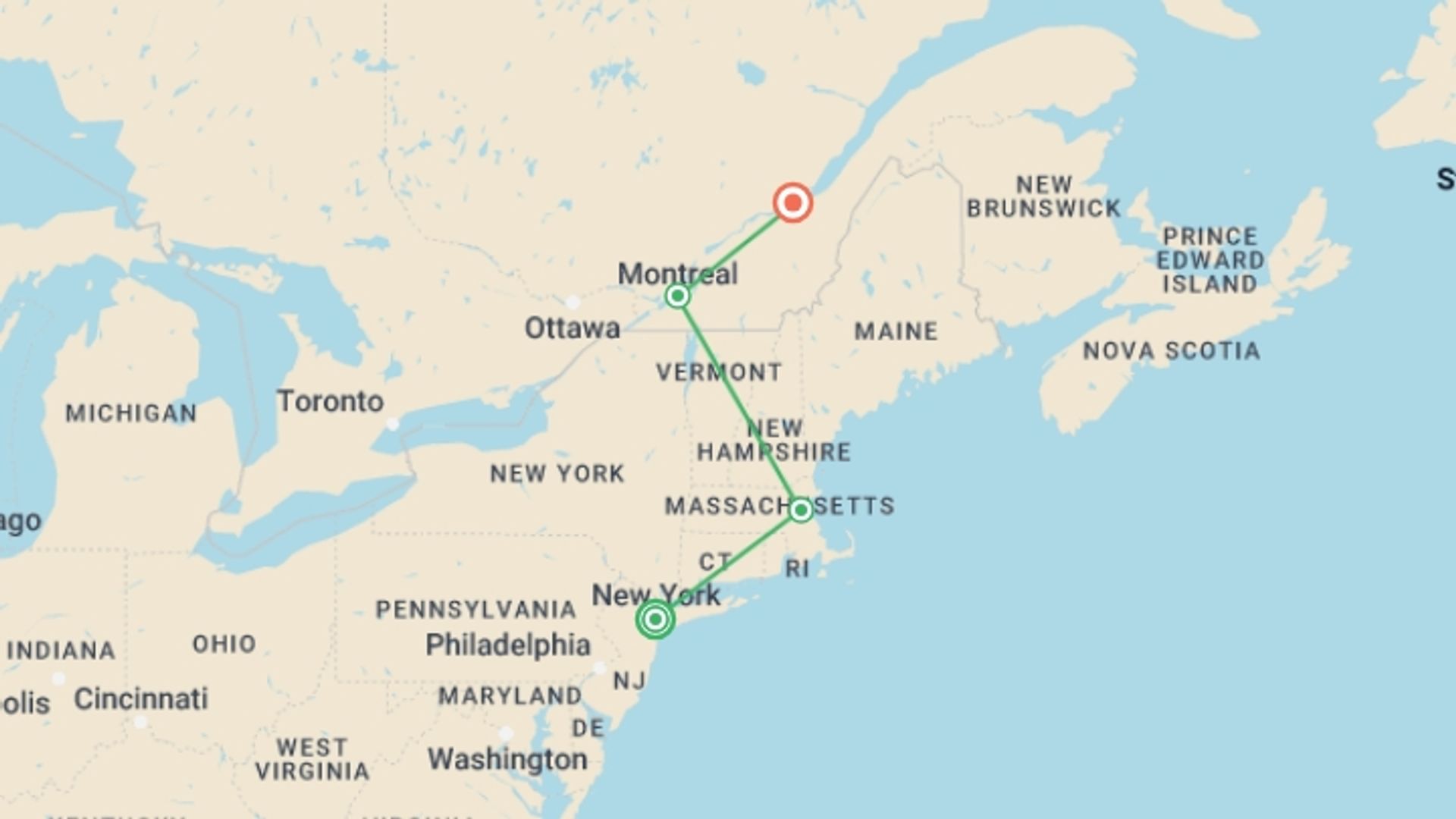 A map showing the tour itinerary for the trip: Essential East Coast, starting in New York, USA and ending in Quebec City, Canada going through 2 other destinations.