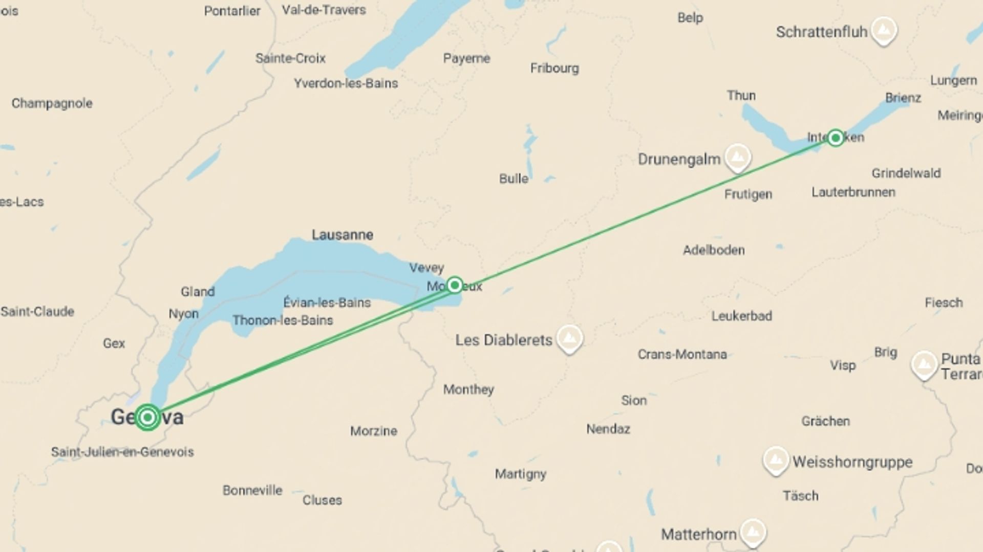 A map showing the tour itinerary for the trip: Switzerland Cities & Landscapes - 6 days, starting in Geneva, Switzerland and ending in Geneva, Switzerland going through 2 other destinations.