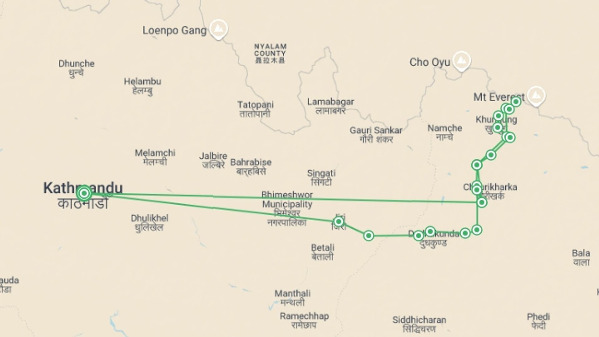 A map showing the tour itinerary for the trip: 21-Day Everest Base Camp Trek from Jiri , starting in Kathmandu, Nepal and ending in Kathmandu, Nepal going through 17 other destinations.