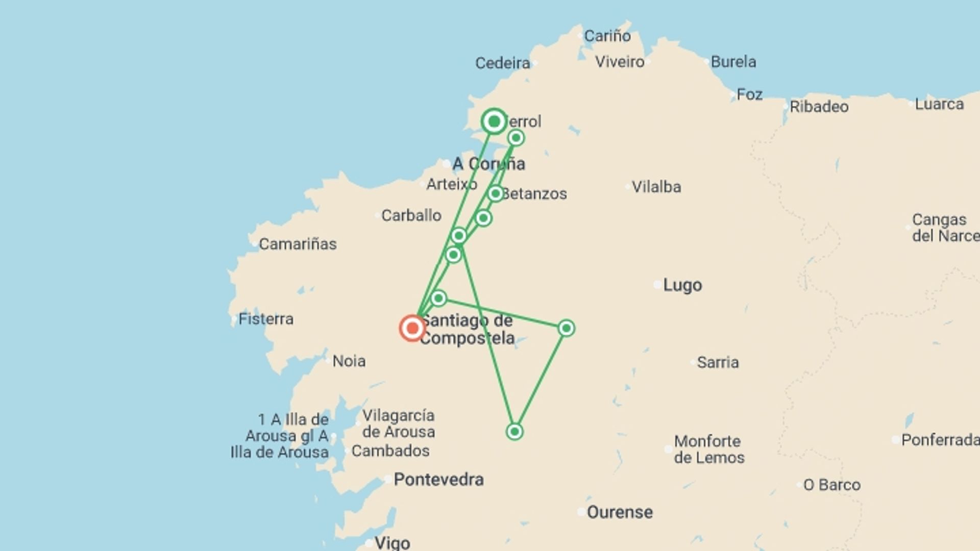 A map showing the tour itinerary for the trip: Camino Ingles: The English Way to Santiago de Compostela, starting in Ferrol, Spain and ending in Santiago De Compostela, Spain going through 4 other destinations.
