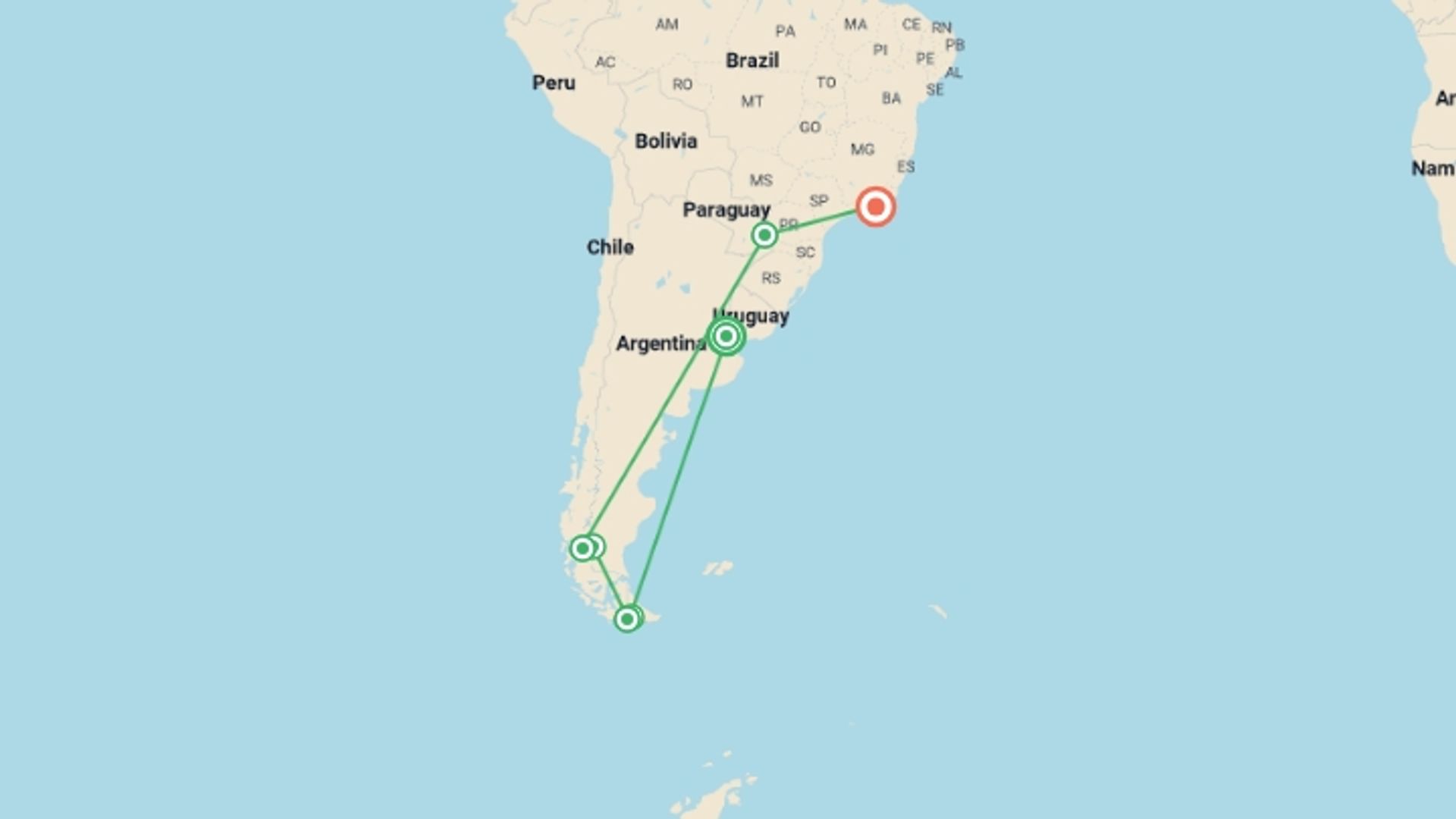 A map showing the tour itinerary for the trip: 15-Day Patagonia to Rio De Janeiro Tour, starting in Buenos Aires, Argentina and ending in Rio de Janeiro, Brazil going through 9 other destinations.