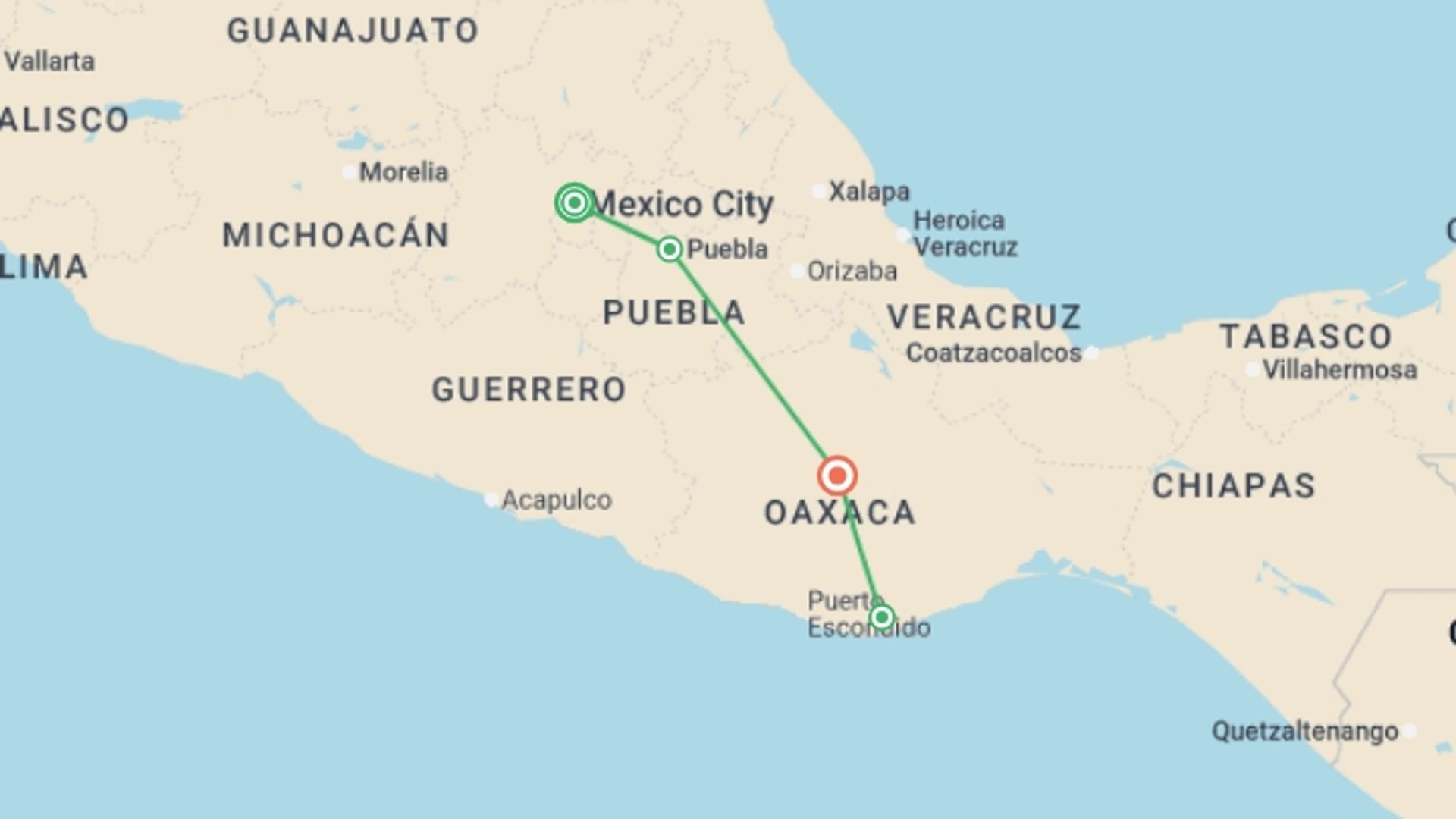 A map showing the tour itinerary for the trip: Mexico Real Food Adventure, starting in Mexico City, Mexico and ending in Oaxaca, Mexico going through 2 other destinations.