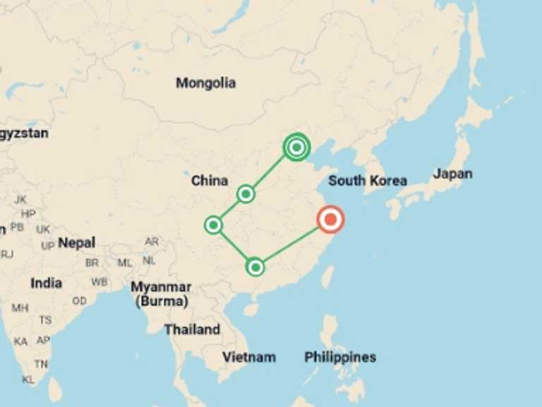 Map of 12-Day Asia Tour with 7 destination visits for the trip: China Grand Cities & Pandas - 12 days