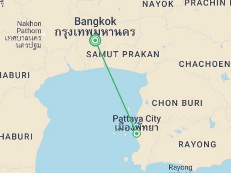 Map of Bangkok Beach Tour with 2 destination visits for the trip: Pattaya Beach Package