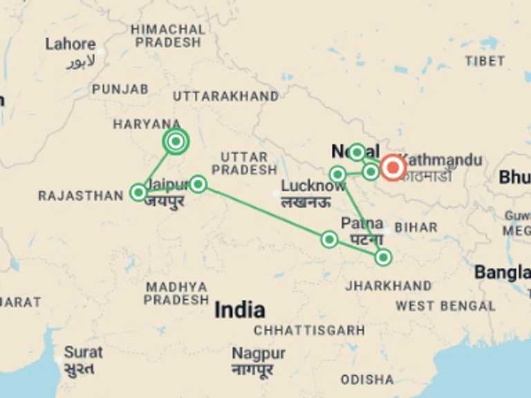 Map of Jaipur Tour with 9 destination visits for the trip: Highlights of Northern India & Nepal