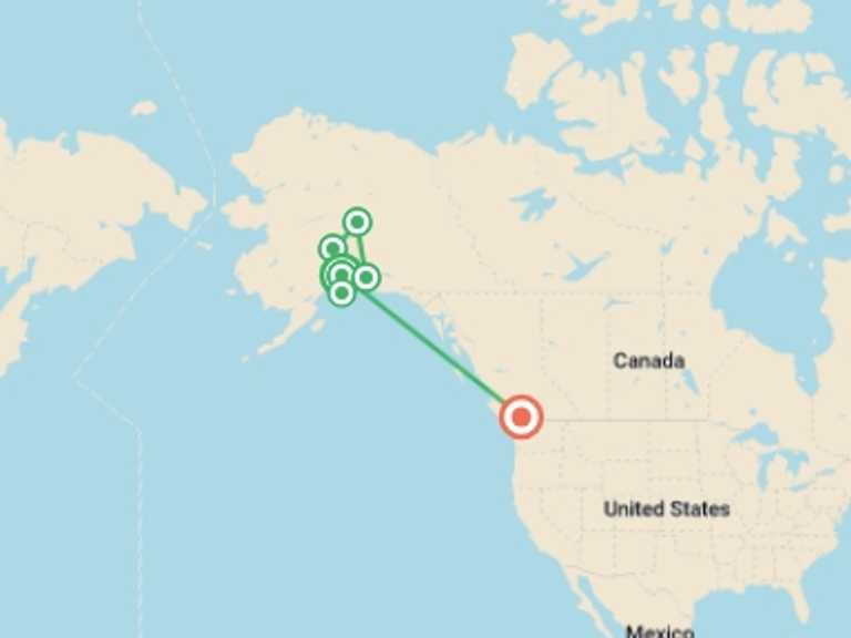 Map of North America Tour with 6 destination visits for the trip: Majestic Alaska
