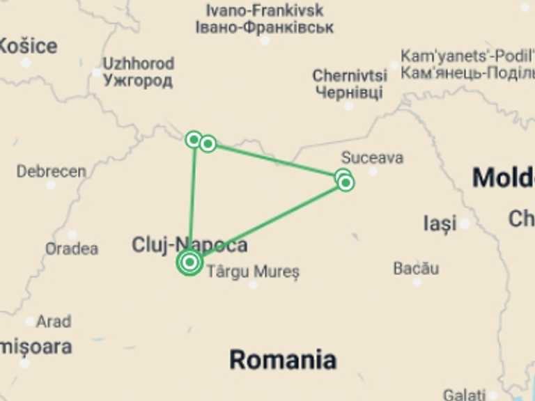 Map of a Train Tour with 7 destination visits for the trip: Six days tour from Cluj-Napoca - Maramures and Bucovina