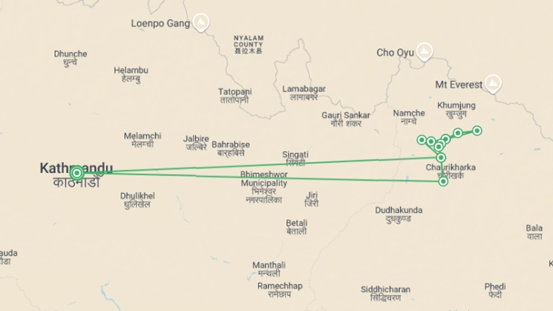 A map showing the tour itinerary for the trip: Everest View Luxury Lodges Trek, starting in Kathmandu, Nepal and ending in Kathmandu, Nepal going through 10 other destinations.