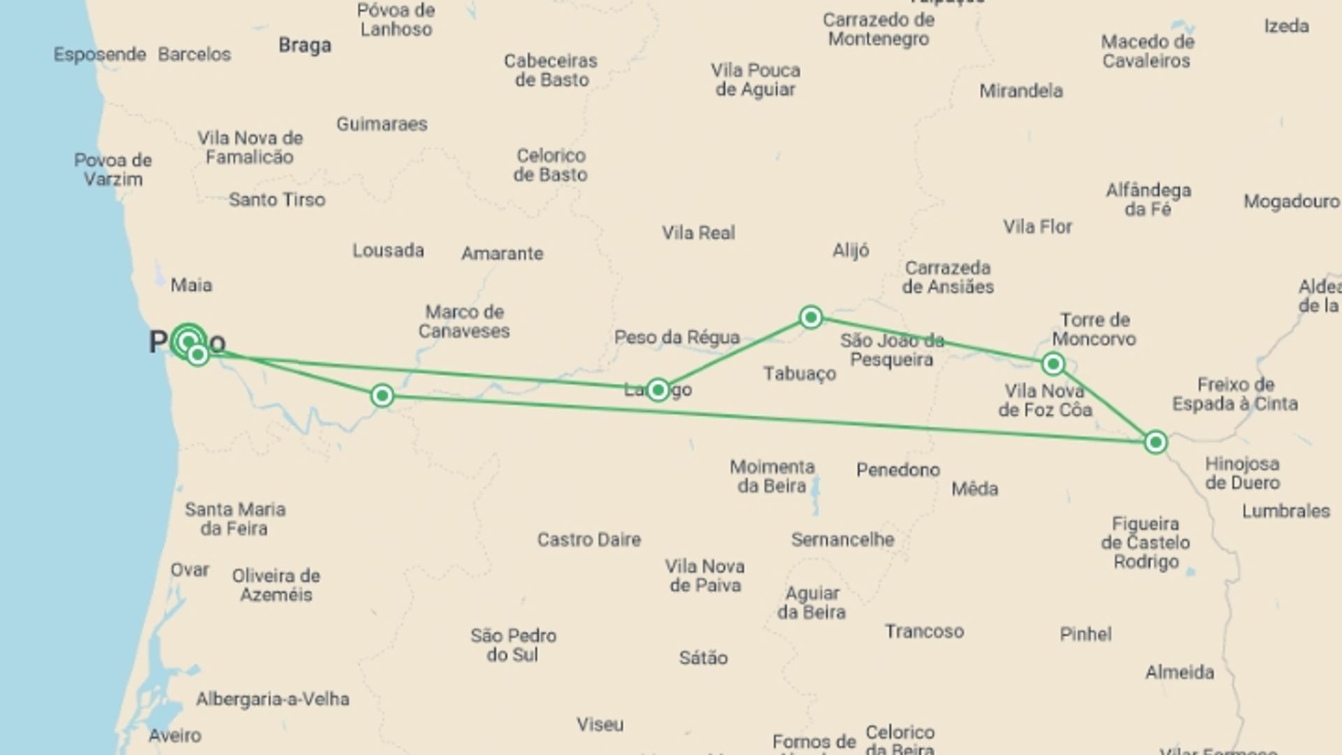 A map showing the tour itinerary for the trip: Grand Douro Cruise - 7 days, starting in Porto, Portugal and ending in Porto, Portugal going through 4 other destinations.