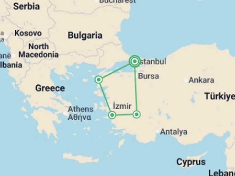 Map of Mediterranean Tour with 3 destination visits for the trip: ANZAC DAY - 8 day