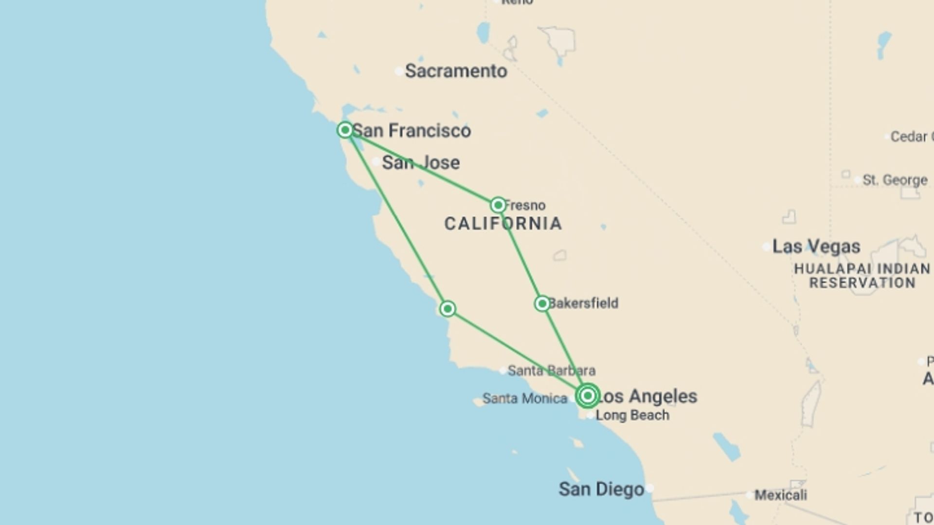 A map showing the tour itinerary for the trip: Fascinating West ROT, starting in Los Angeles, USA and ending in Los Angeles, USA going through 4 other destinations.