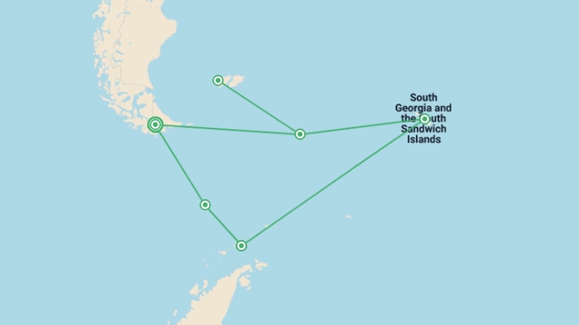A map showing the tour itinerary for the trip: Falklands, South Georgia and Antarctica - Expedition, starting in Ushuaia, Argentina and ending in Ushuaia, Argentina going through 5 other destinations.