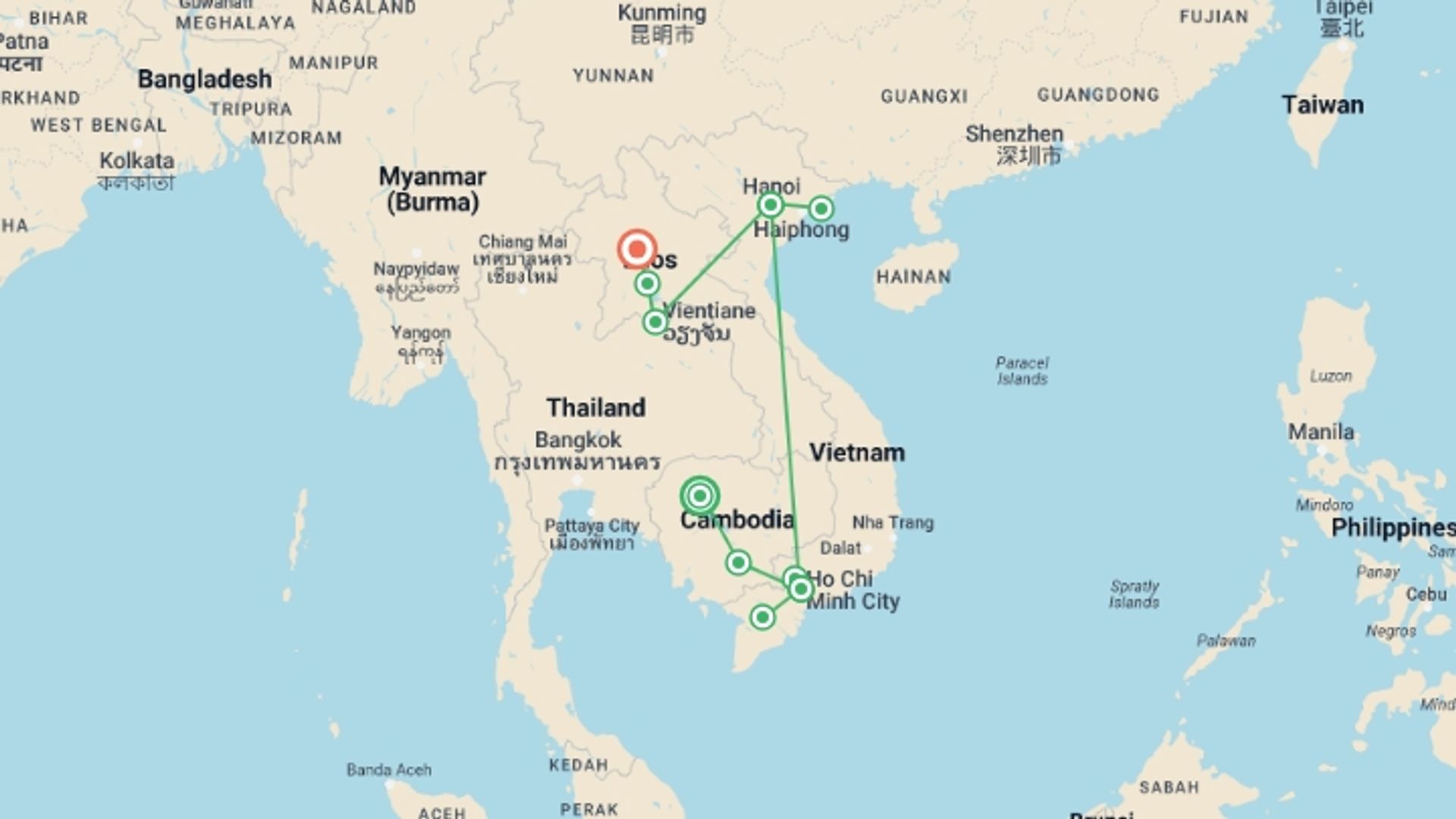 A map showing the tour itinerary for the trip: A 15-day Journey Through the Heart of Southeast Asia, starting in Siem Reap, Cambodia and ending in Luang Prabang, Laos going through 8 other destinations.