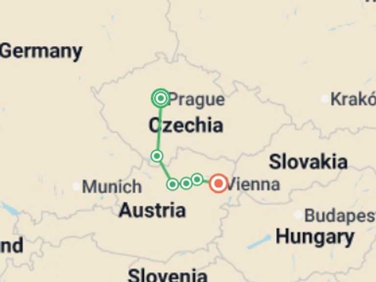 Map itinerary of Eastern Europe Tour in June 2026 with 6 destination visits for the trip: Cycle Prague to Vienna