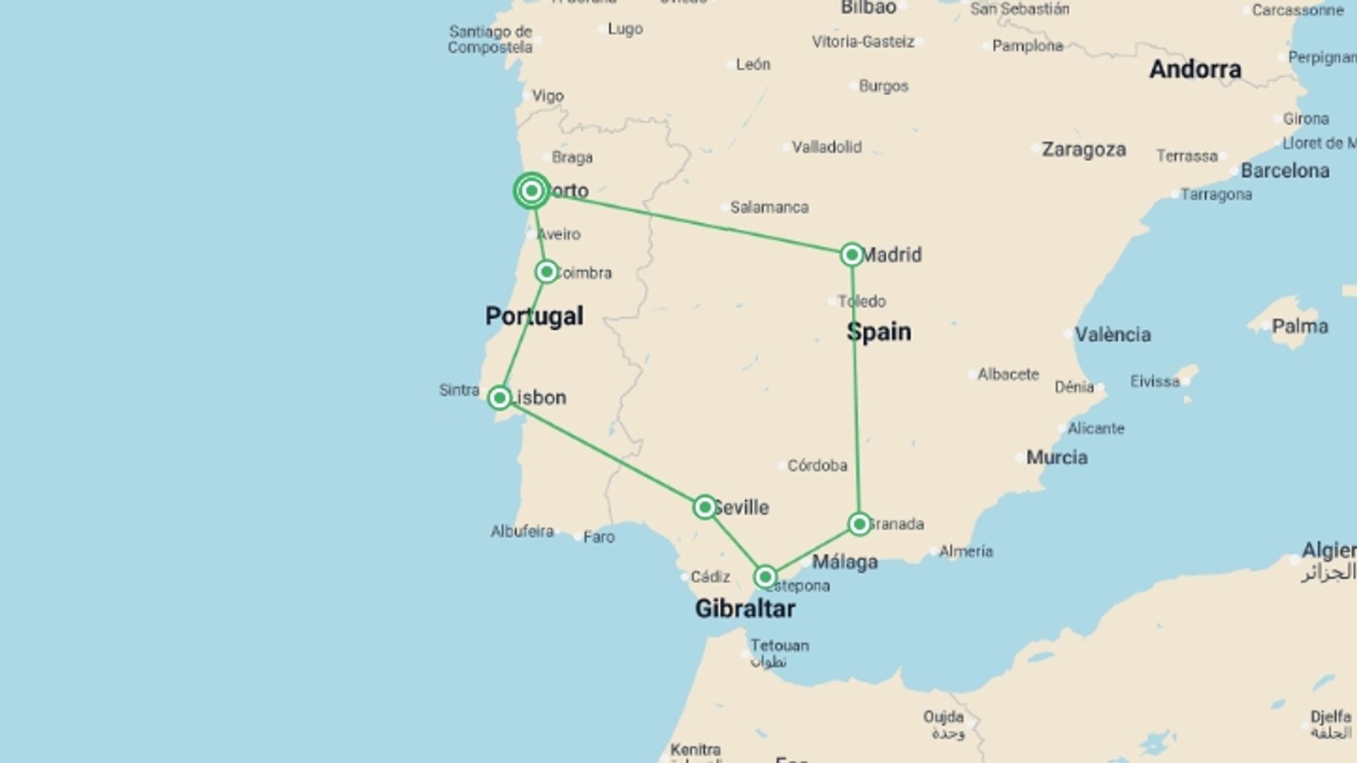 A map showing the tour itinerary for the trip: Porto to Lisbon & Andalucia Loop - 11 days, starting in Porto, Portugal and ending in Porto, Portugal going through 6 other destinations.