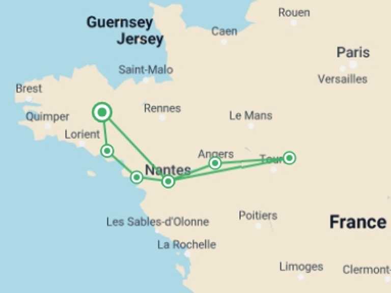 Map of Europe Tour with 7 destination visits for the trip: Beautiful Brittany and Royal Opulence in the Loire (port-to-port cruise)