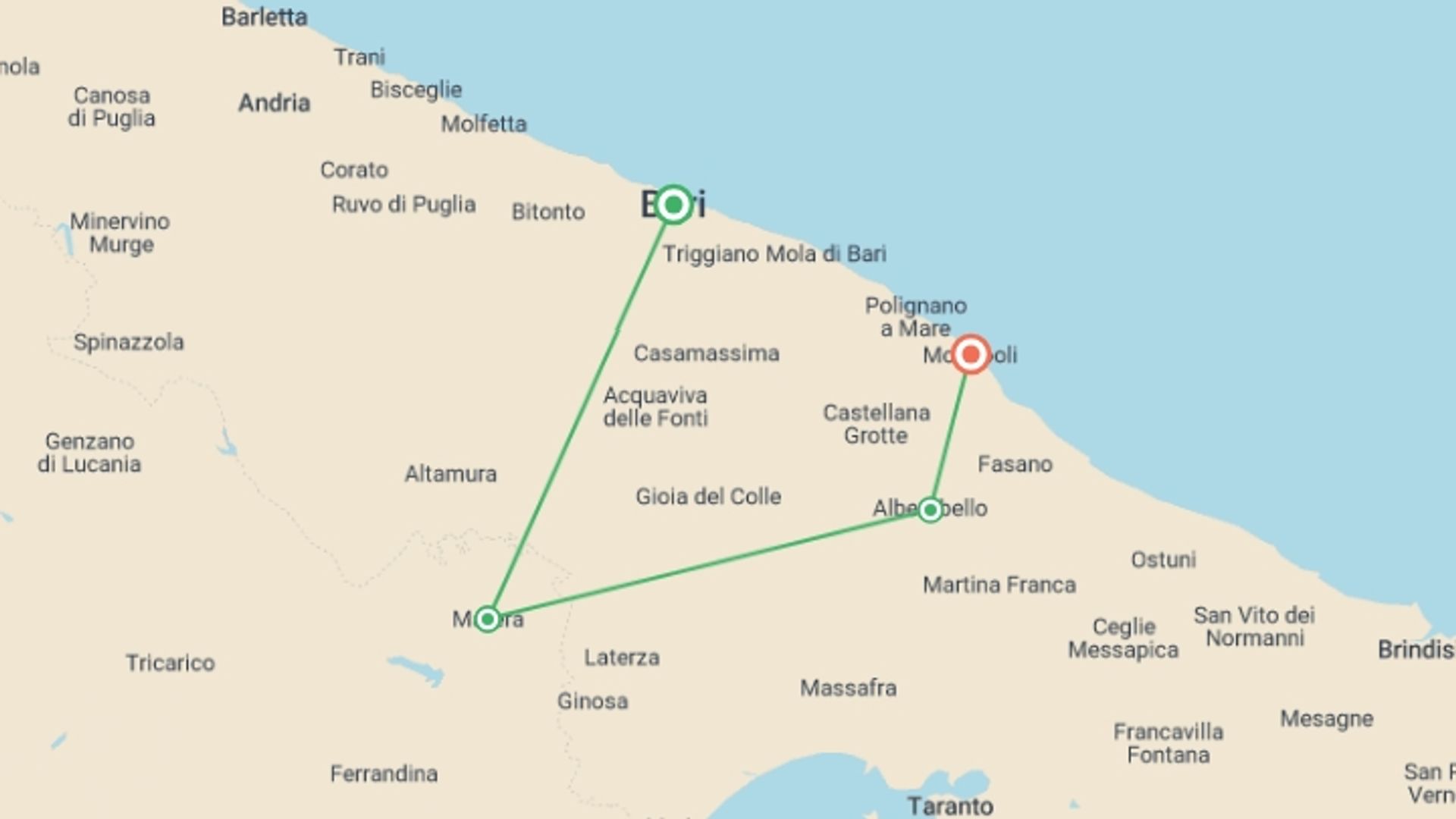 A map showing the tour itinerary for the trip: Highlights of Matera and Apulia Private Tour, starting in Bari, Italy and ending in Monopoli, Italy going through 4 other destinations.