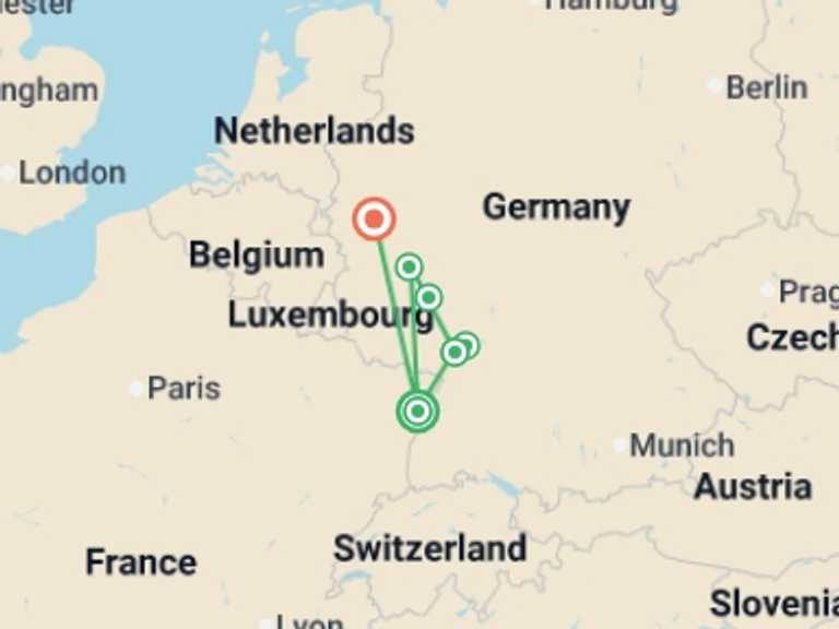 Map of 5-Day Mediterranean Tour with 5 destination visits for the trip: Christmas Markets along the Rhine (port-to-port package)
