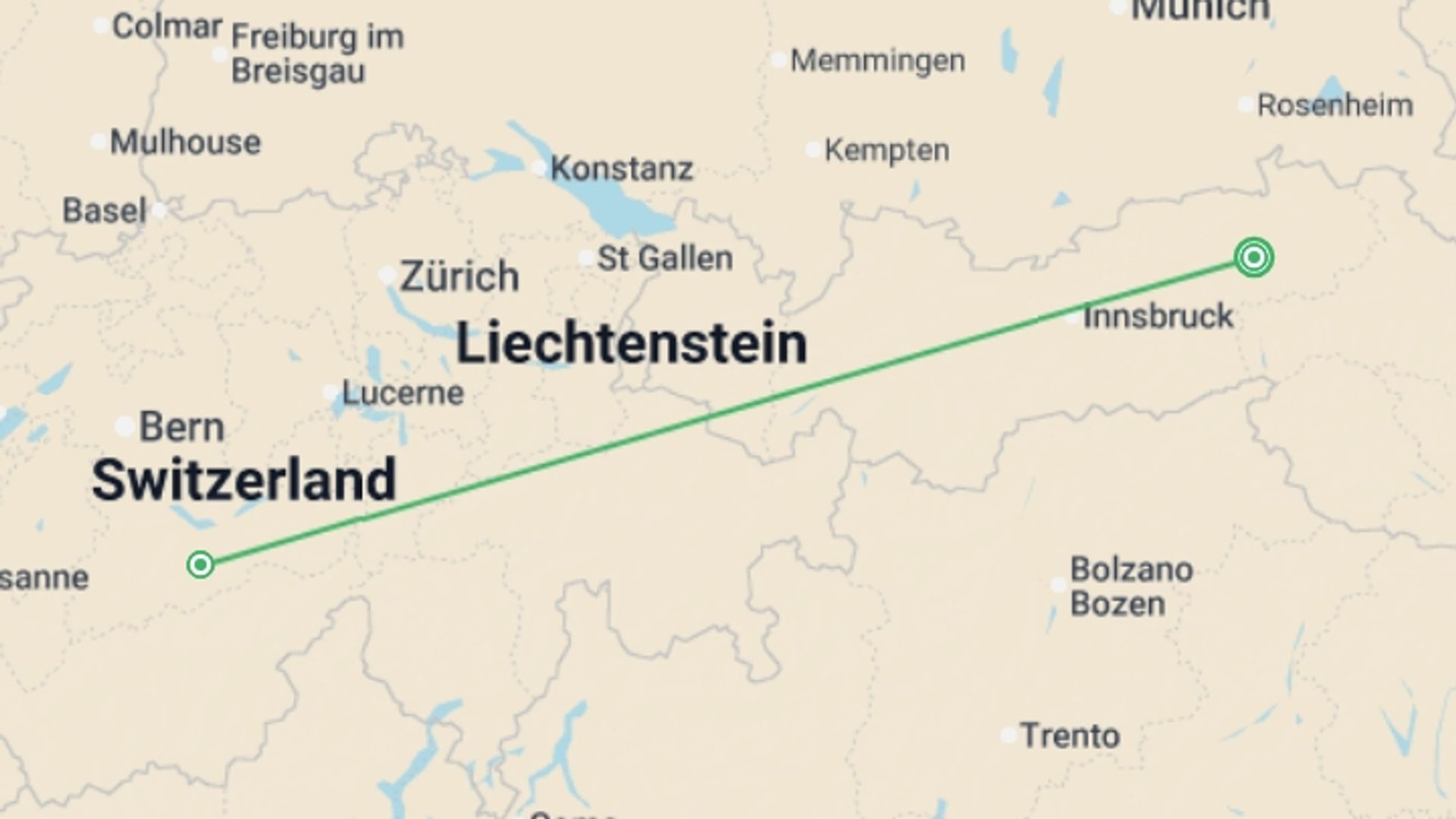 A map showing the tour itinerary for the trip: Active Alps, starting in Hopfgarten, Austria and ending in Hopfgarten, Austria going through 2 other destinations.
