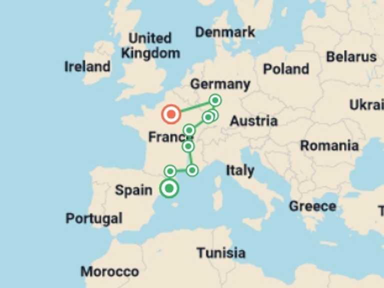 Map itinerary of Mediterranean Tour in September 2026 with 9 destination visits for the trip: Catalonia, south of France, Burgundy, Alsace and Black Forest