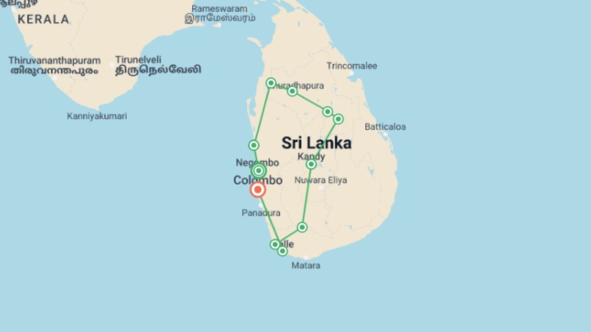 A map showing the tour itinerary for the trip: Active Sri Lanka, starting in Negombo, Sri Lanka and ending in Colombo, Sri Lanka going through 9 other destinations.