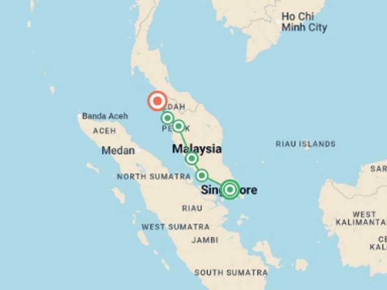 Map of Asia Tour with 7 destination visits for the trip: Malaysia and Singapore Explorer