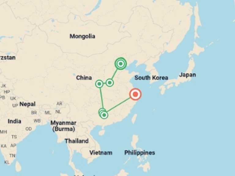 Map itinerary of China Tour in September 2026 with 8 destination visits for the trip: Fine China - 13 days