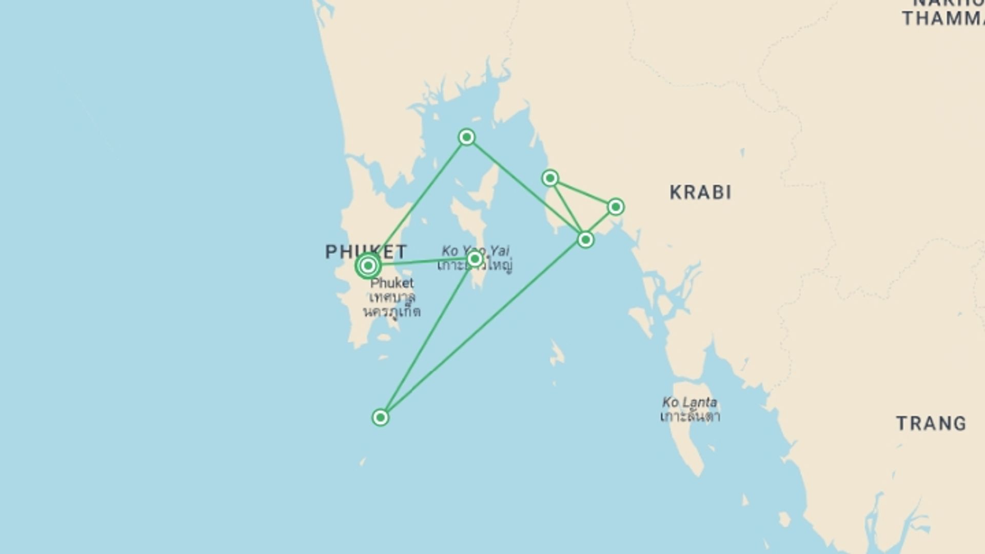 A map showing the tour itinerary for the trip: Sailing Thailand - Phuket to Phuket, starting in Phuket, Thailand and ending in Phuket, Thailand going through 6 other destinations.
