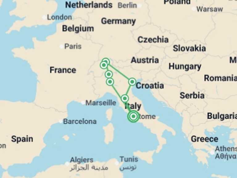 Map of Italy Tour with 5 destination visits for the trip: Solo Lite Stunning Italy and Switzerland