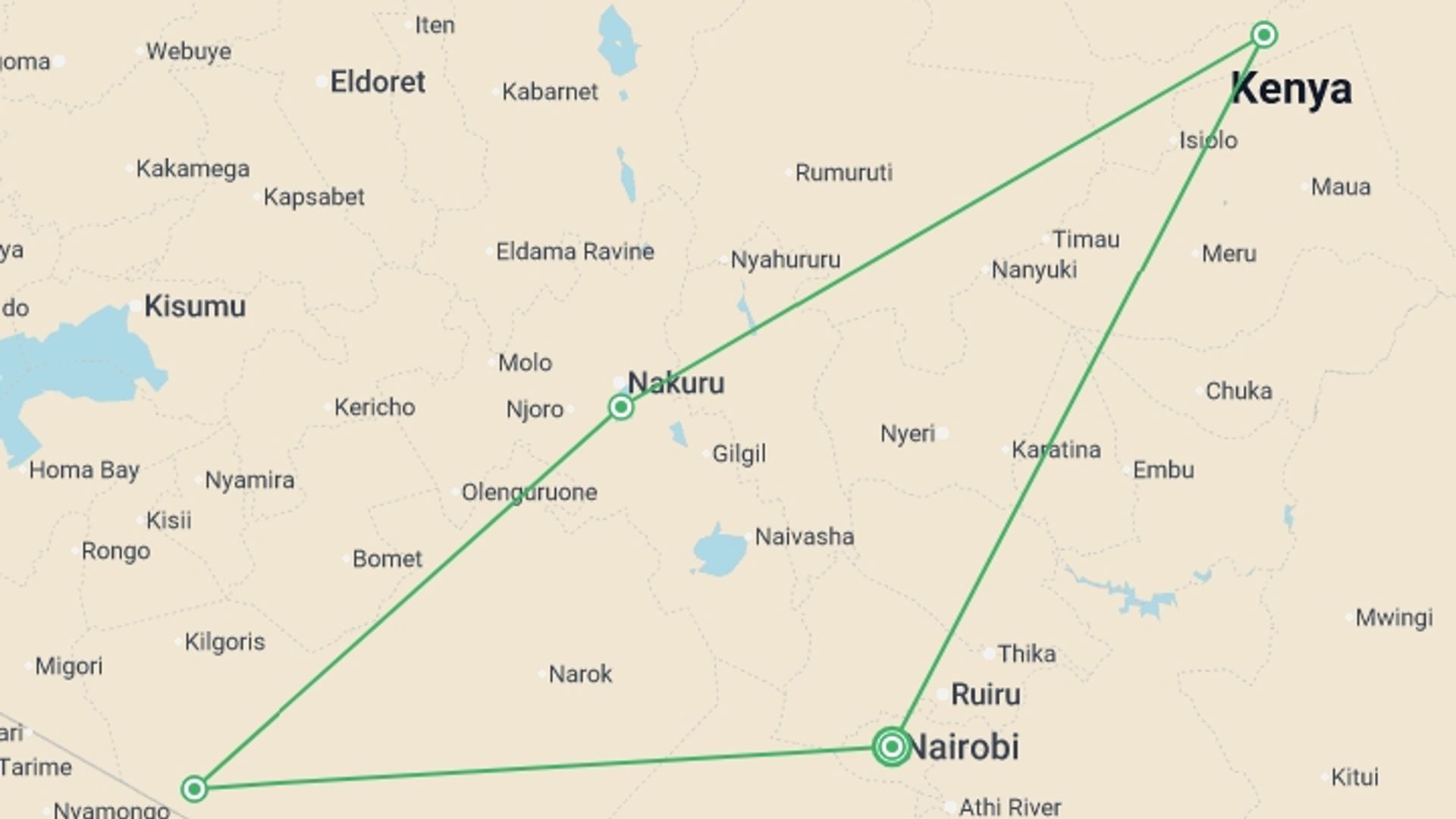 A map showing the tour itinerary for the trip: Kenya Highlights, starting in Nairobi, Kenya and ending in Nairobi, Kenya going through 3 other destinations.