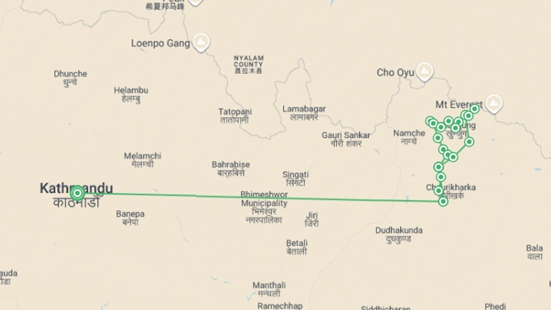 A map showing the tour itinerary for the trip: Everest Circuit & the Cho La in Comfort, starting in Kathmandu, Nepal and ending in Kathmandu, Nepal going through 17 other destinations.