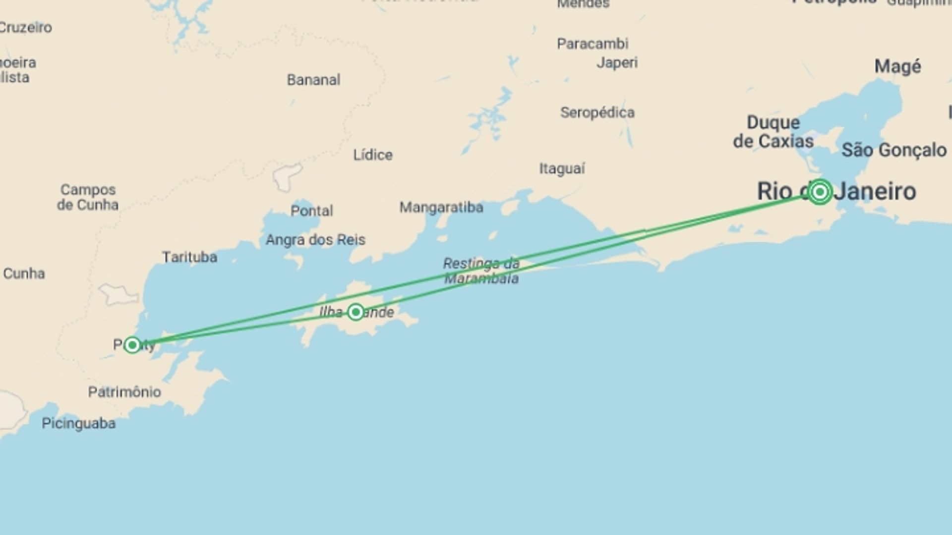 A map showing the tour itinerary for the trip: Best of Brazil, starting in Rio de Janeiro, Brazil and ending in Rio de Janeiro, Brazil going through 2 other destinations.