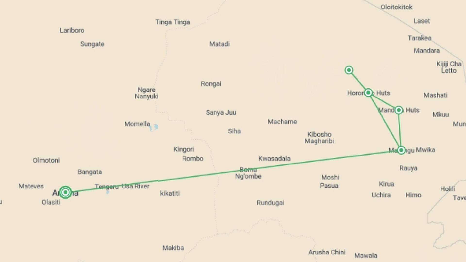 A map showing the tour itinerary for the trip: Marangu route 6 days 5 nights, starting in Arusha, Tanzania and ending in Arusha, Tanzania going through 5 other destinations.