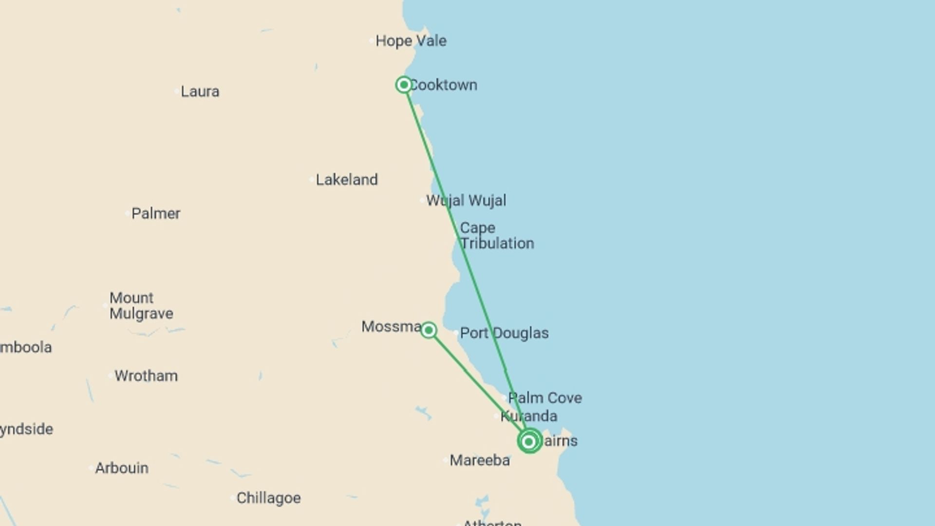A map showing the tour itinerary for the trip: Daintree & Cape Tribulation Adventure, starting in Cairns, Australia and ending in Cairns, Australia going through 1 other destinations.