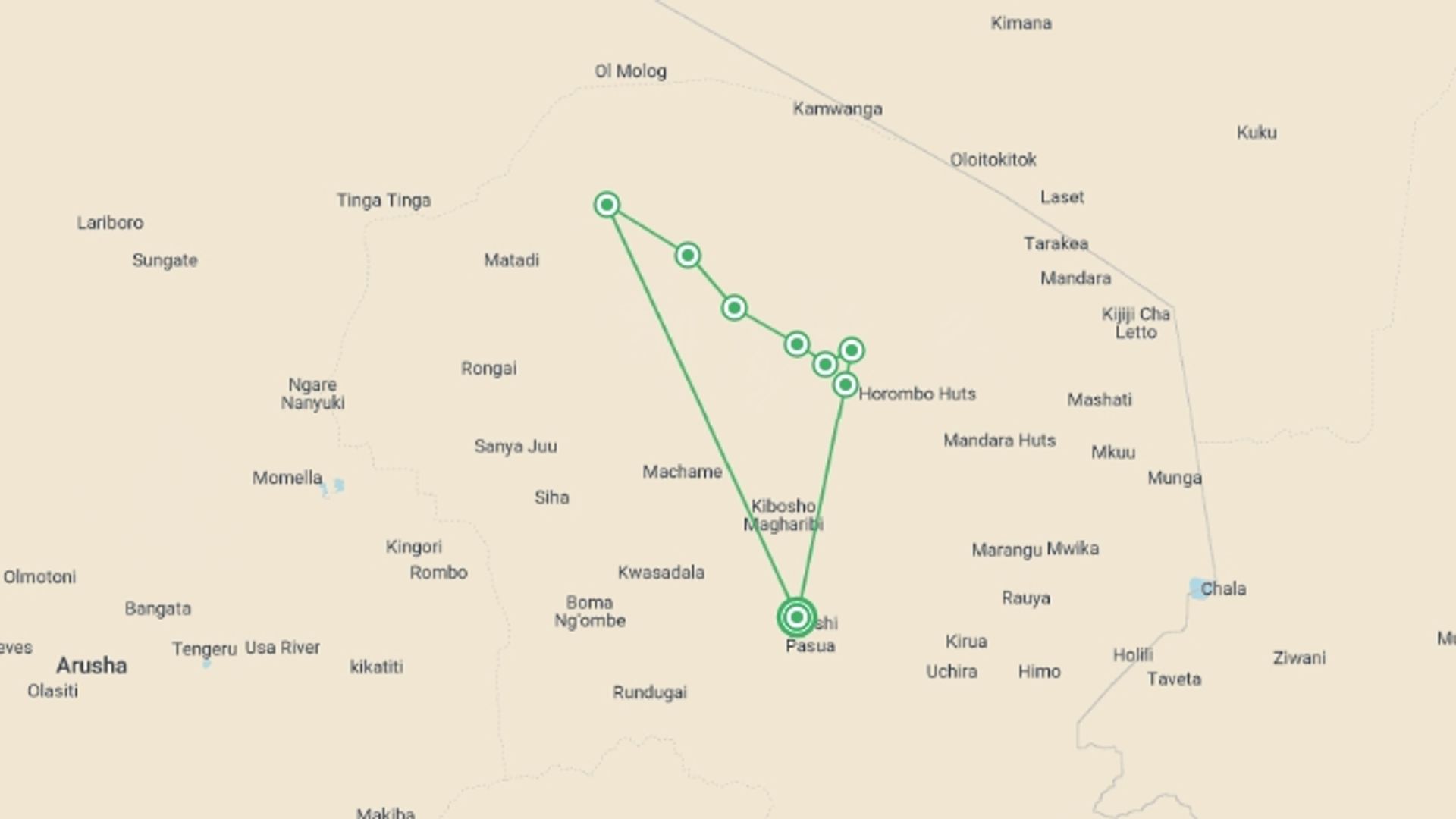 A map showing the tour itinerary for the trip: Kilimanjaro - Lemosho Trek, starting in Moshi, Tanzania and ending in Moshi, Tanzania going through 7 other destinations.