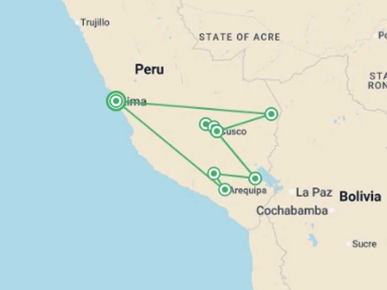 Map itinerary of Peru Tour in October 2026 with 8 destination visits for the trip: Peru Uncovered