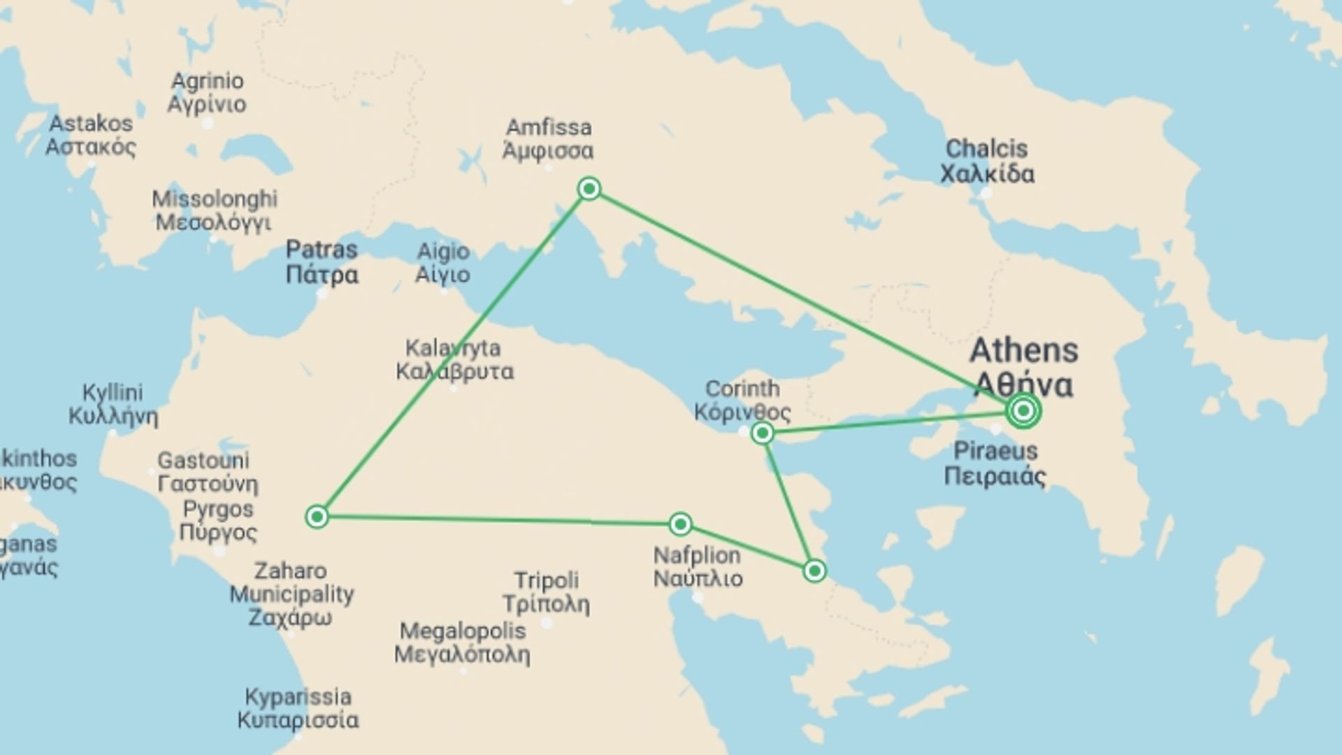 A map showing the tour itinerary for the trip: Classical Tour Greece Argolis, Olympia, Delphi, Spanish-speaking Guide, starting in Athens, Greece and ending in Athens, Greece going through 2 other destinations.