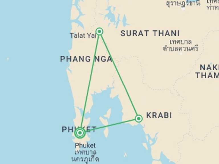 Map itinerary of Thailand Tour in September 2027 with 3 destination visits for the trip: Southern Thailand Family Holiday
