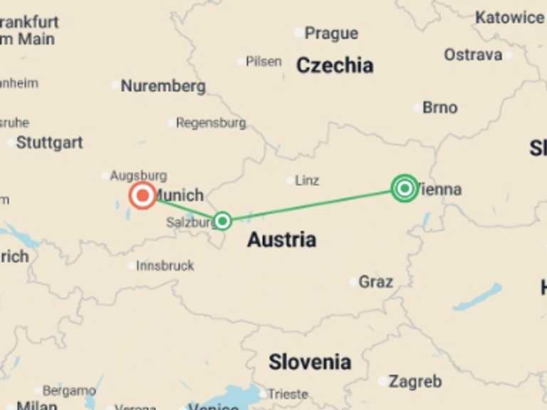 Map of Europe Tour with 3 destination visits for the trip: Impressive Christmas Markets: Vienna to Munich