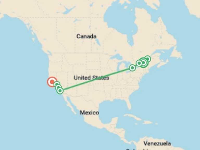 Map itinerary of North America Tour in June 2026 with 8 destination visits for the trip: Unmissable Canada and Western Classics