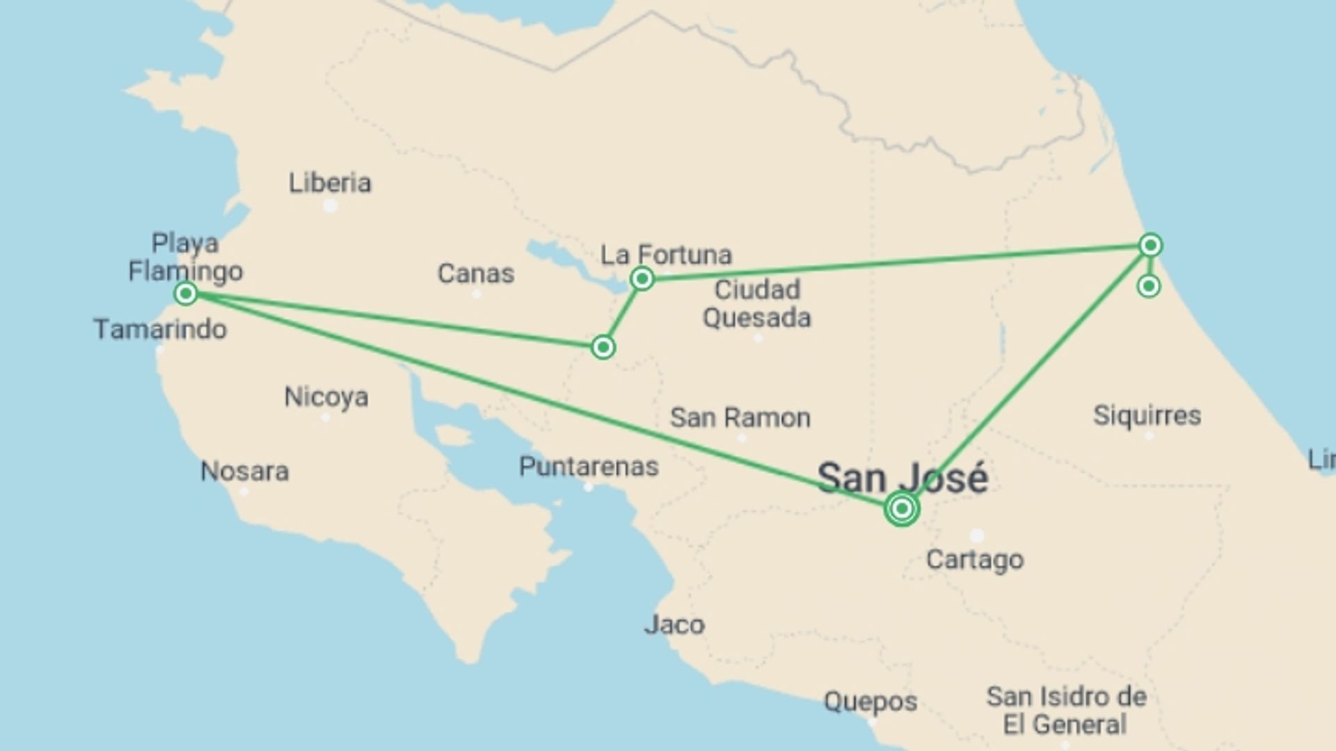 A map showing the tour itinerary for the trip: Essential Costa Rica - Package With Manuel Antonio National Park, Self-drive, starting in San Jose, Costa Rica and ending in San Jose, Costa Rica going through 7 other destinations.