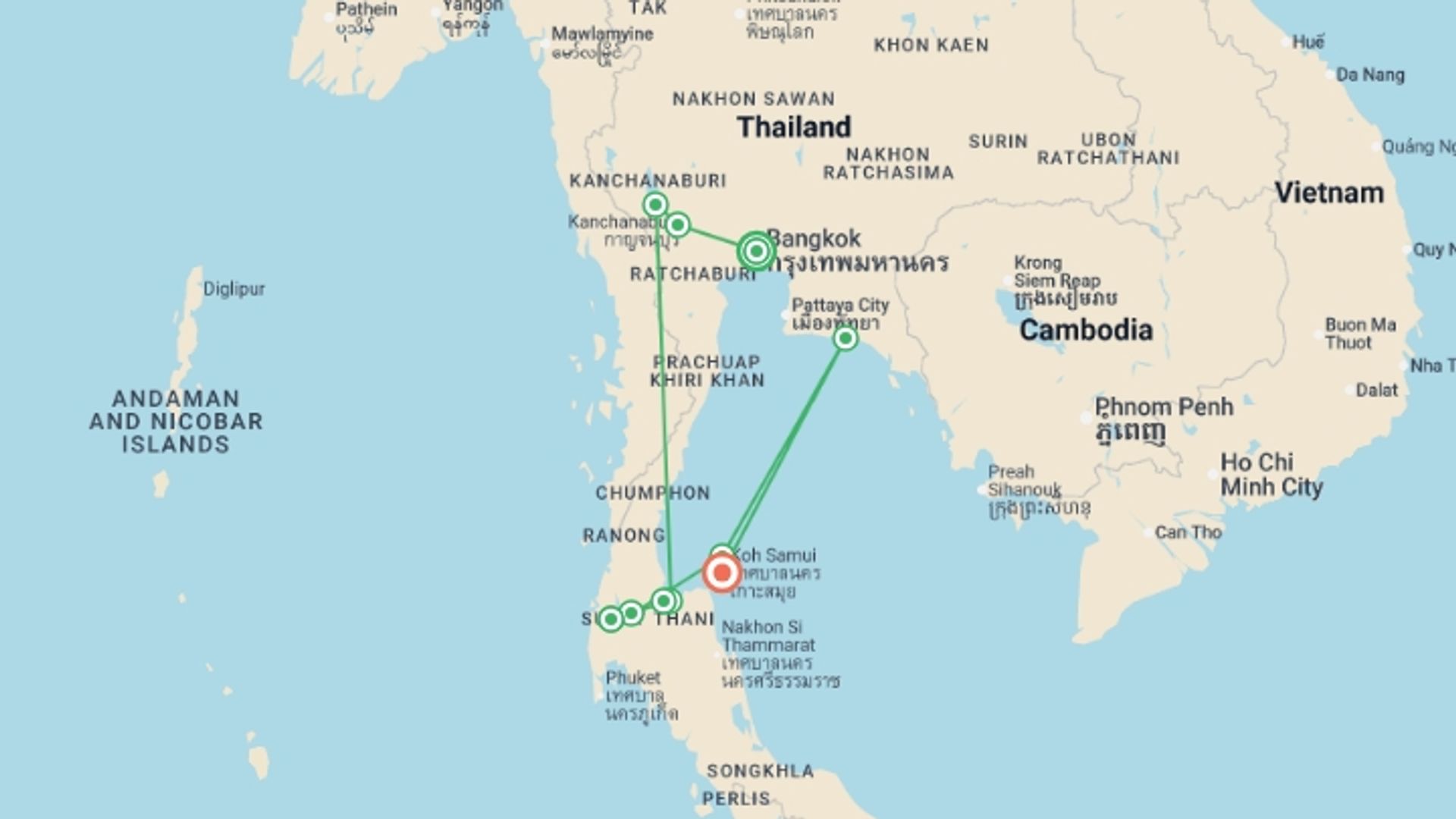 A map showing the tour itinerary for the trip: Family Thailand Active Jungle and Beach Adventure, starting in Bangkok, Thailand and ending in Koh Samui, Thailand going through 8 other destinations.