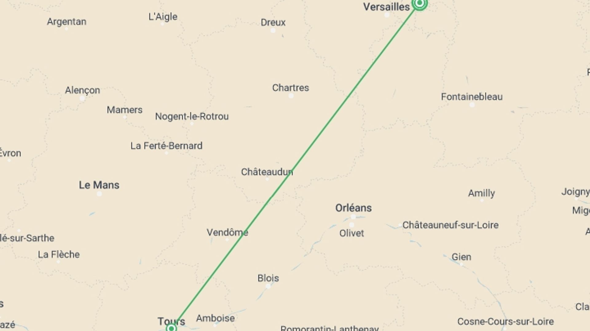 A map showing the tour itinerary for the trip: Wonders of Paris, Normandy and Tours Self Drive, starting in Paris, France and ending in tours, tours going through 1 other destinations.
