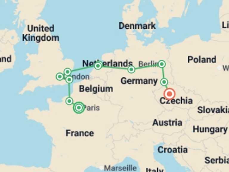Map of a Cultural, religious and historic sites Tour with 7 destination visits for the trip: Continental Fairytale