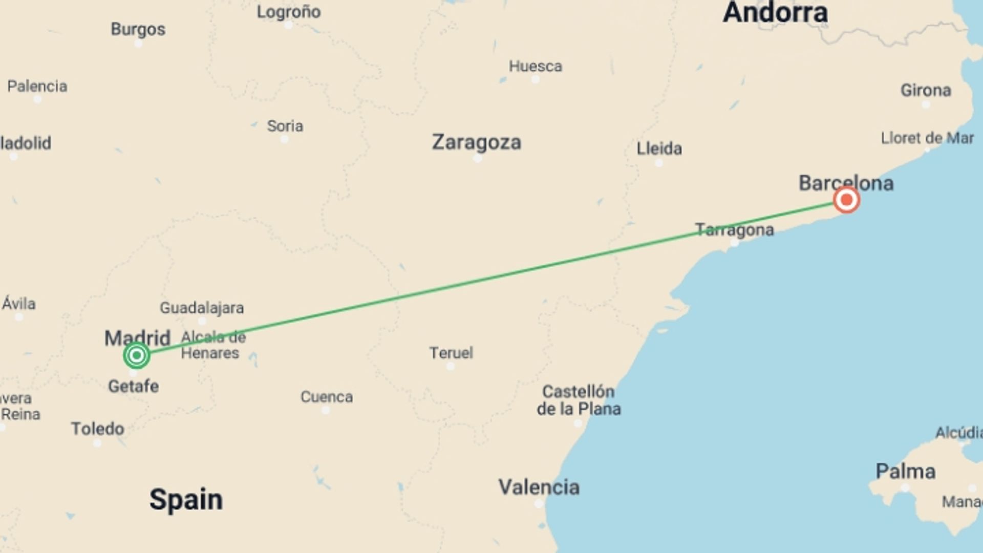 A map showing the tour itinerary for the trip: Madrid and Barcelona, starting in Madrid, Spain and ending in Barcelona, Spain going through 0 other destinations.