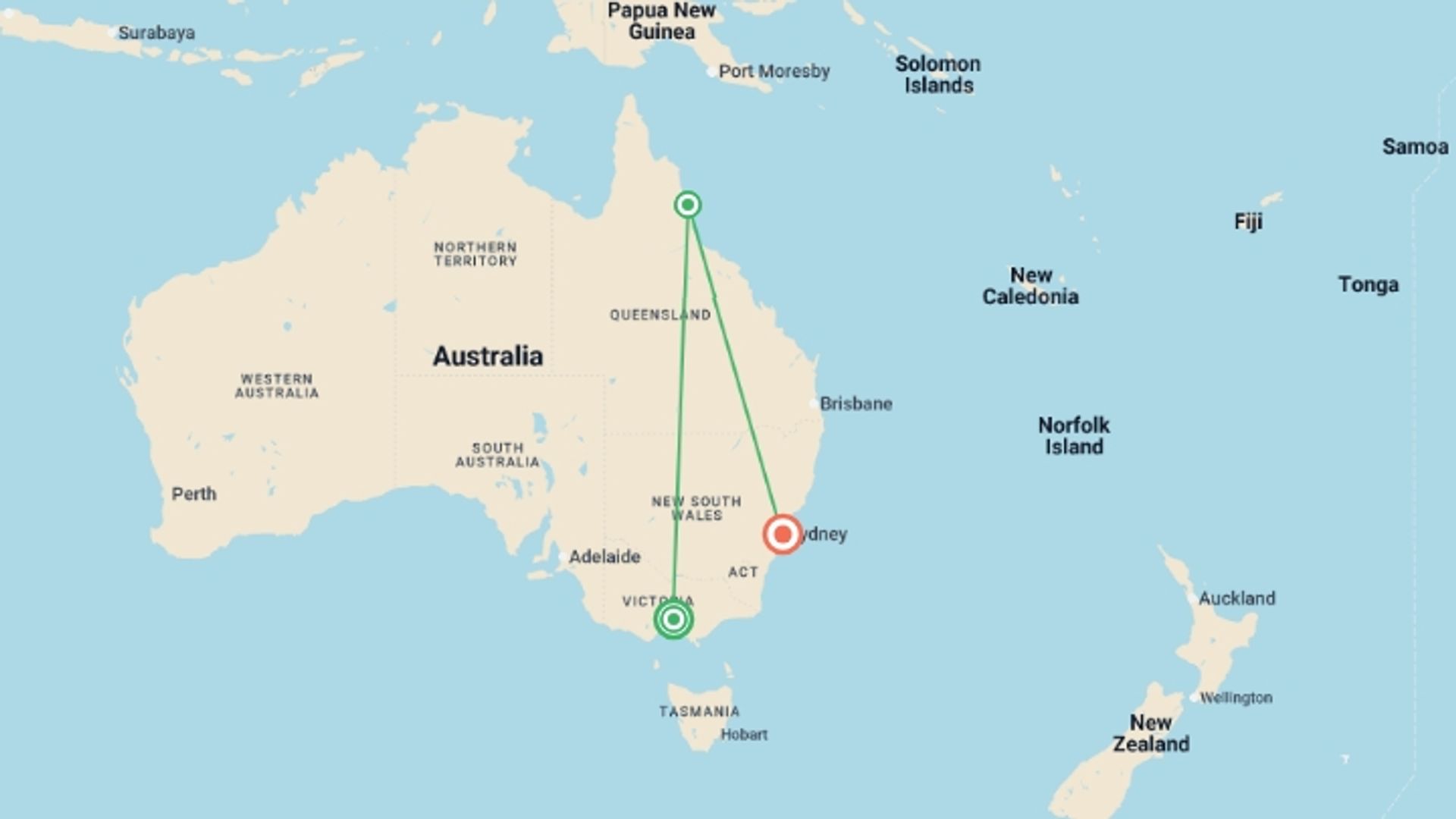 A map showing the tour itinerary for the trip: Contrasts of Australia, starting in Melbourne, Australia and ending in Sydney, Australia going through 2 other destinations.