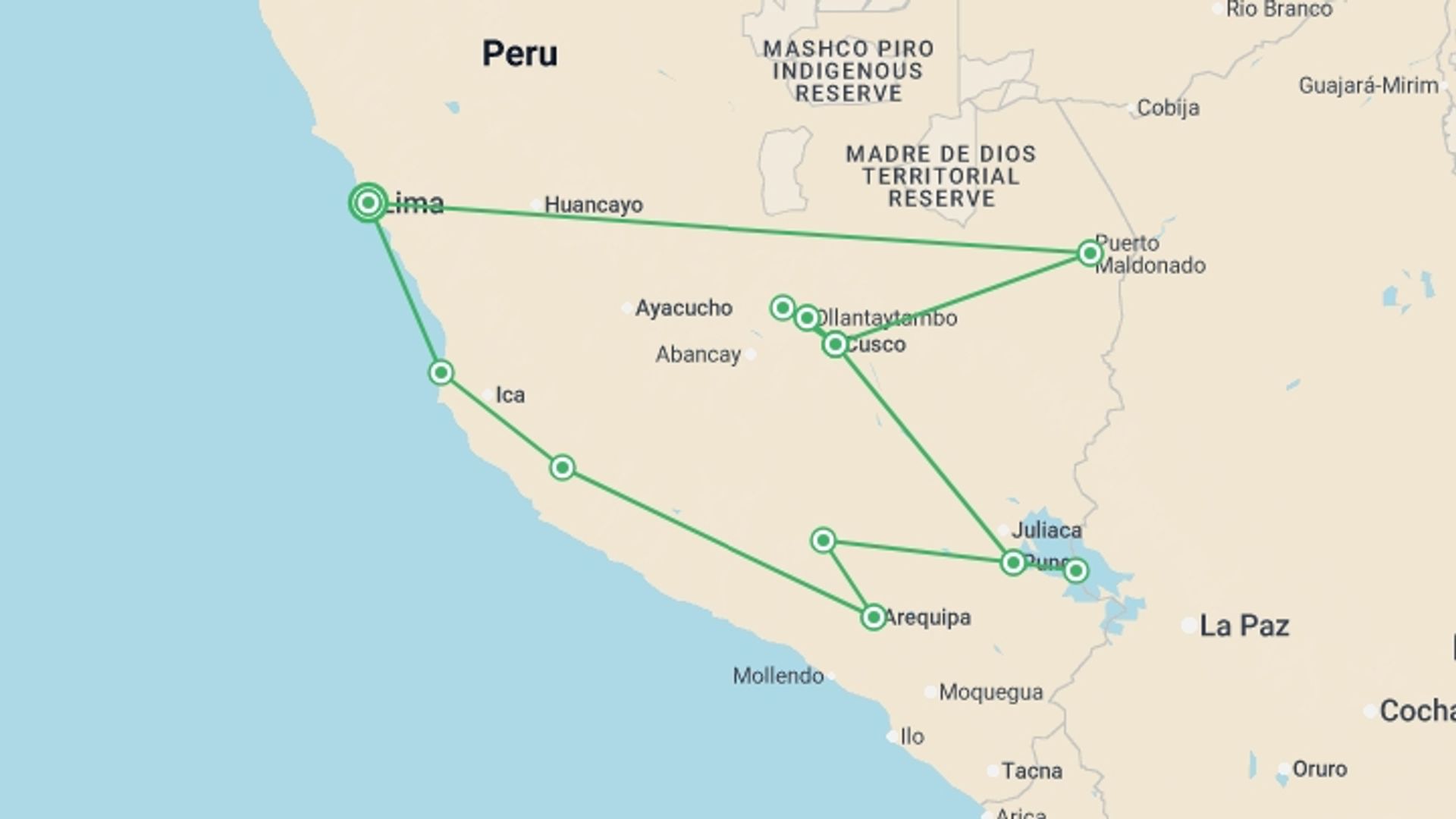 A map showing the tour itinerary for the trip: Absolute Peru: Amazon Jungle & Machu Picchu by Train, starting in Lima, Peru and ending in Lima, Peru going through 10 other destinations.
